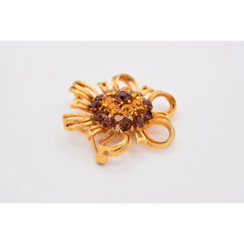 Lisner Vintage Flower Pin Brooch Amber Rhinestone Crystal Gold Signed 50s Bin5B